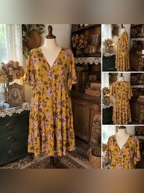 Simply Be Size 22 Mustard Floral Stretch Midi Dress Slinky Boho Cottagecore